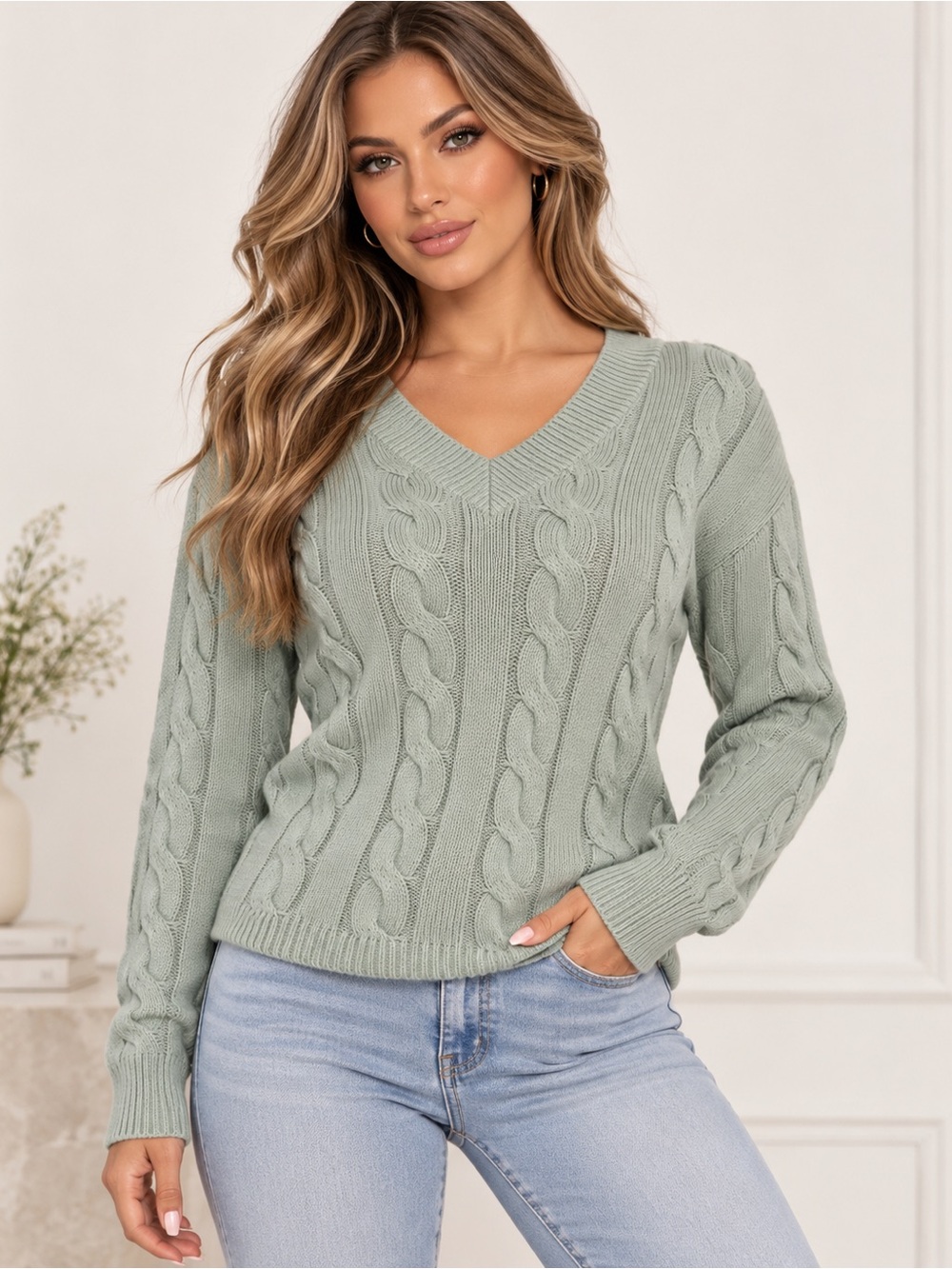 Burgess V-Neck Cable Knit Cotton Cashmere Sweater Mist Green Small NWT